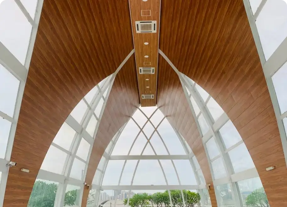 Modern commercial interior with a finished wood ceiling